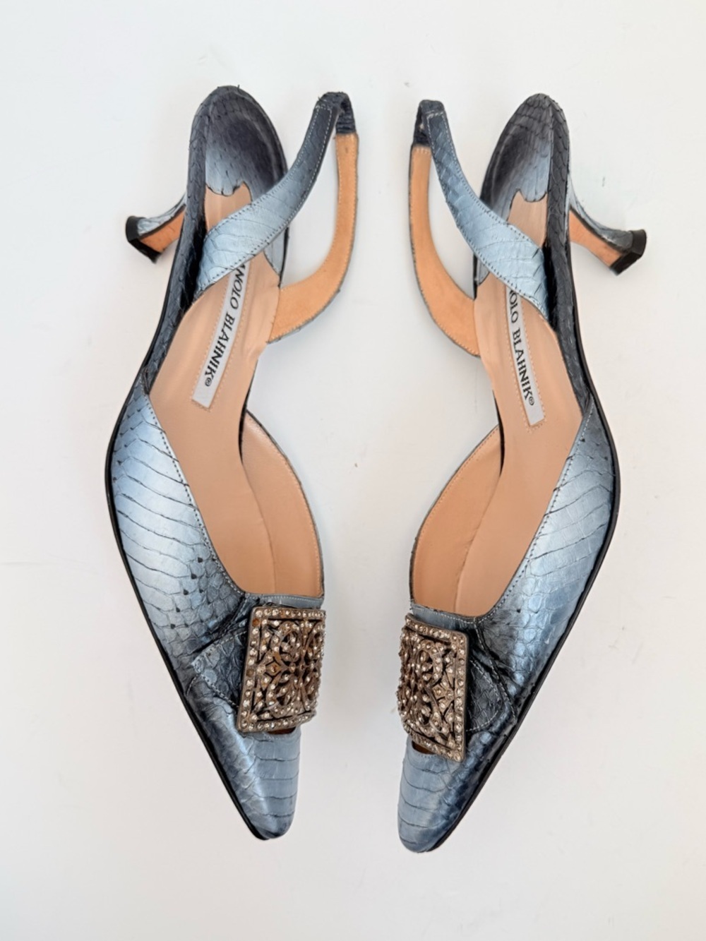 Manolo Blahnik Archive Python Slingback Heels Filigree Crystal Buckle EU 37.5 - Picture 4 of 10